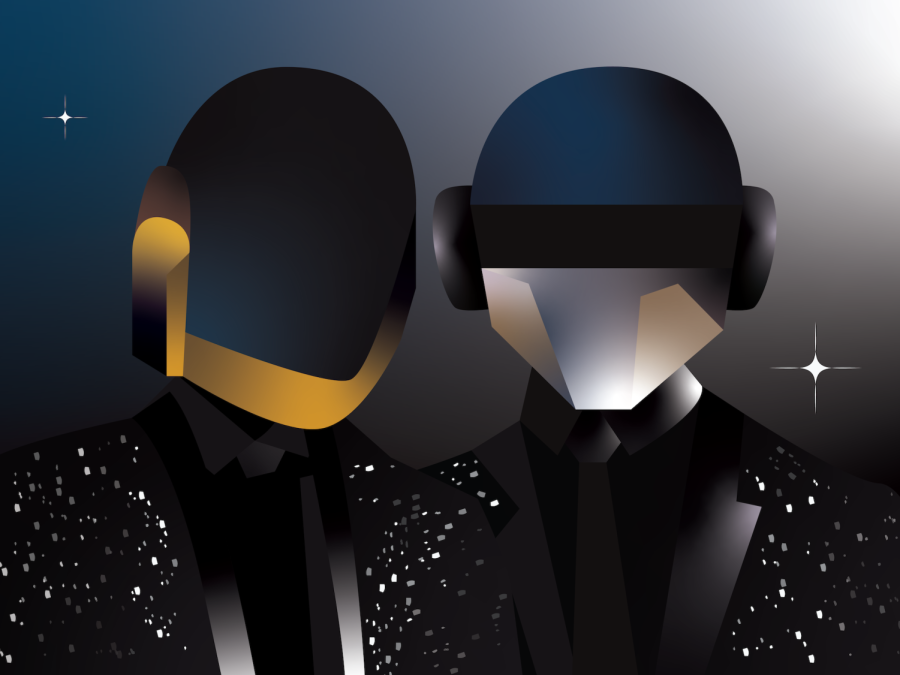 An illustration of Daft Punk wearing sparkling black suits in front of a blue ombre background. The figure on the left wears a golden helmet covering his entire head and the figure on the right wears a silver helmet.