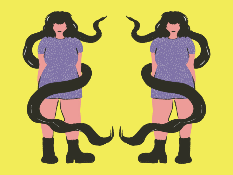 An illustration of two identical women wearing purple dresses and black boots with flowing black hair coiled around their bodies. They stand in front of a solid yellow background.
