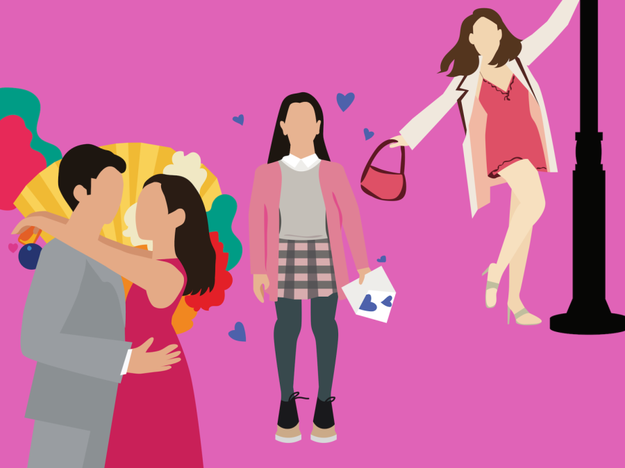 An illustration of characters from famous romantic comedies. On the right, the couple from “Crazy Rich Asians” shares a kiss. In the middle, Lara Jean Covey from “To All The Boys I’ve Loved Before.” On the right, Jenna from “13 Going on 30” hangs off a street light pole.