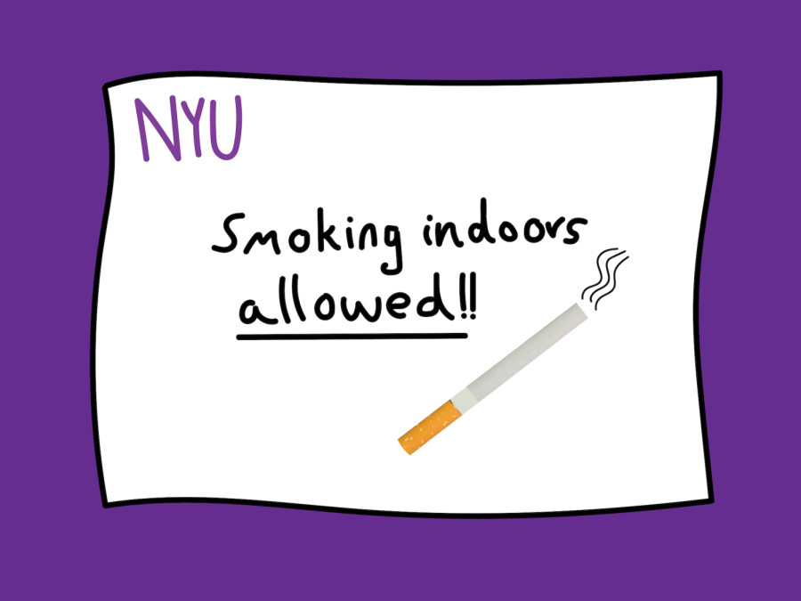 An illustration of a white sign that reads “Smoking Indoors Allowed.” On the left is a cigarette emitting smoke.