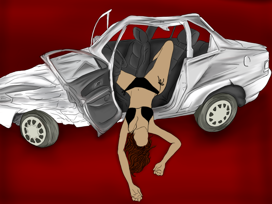 An illustration of musician Charlie XCX wearing a black string bikini. She is falling out of the door of a crashed white car, with her legs still in the passenger seat and the rest of her body hanging out onto the road below.
