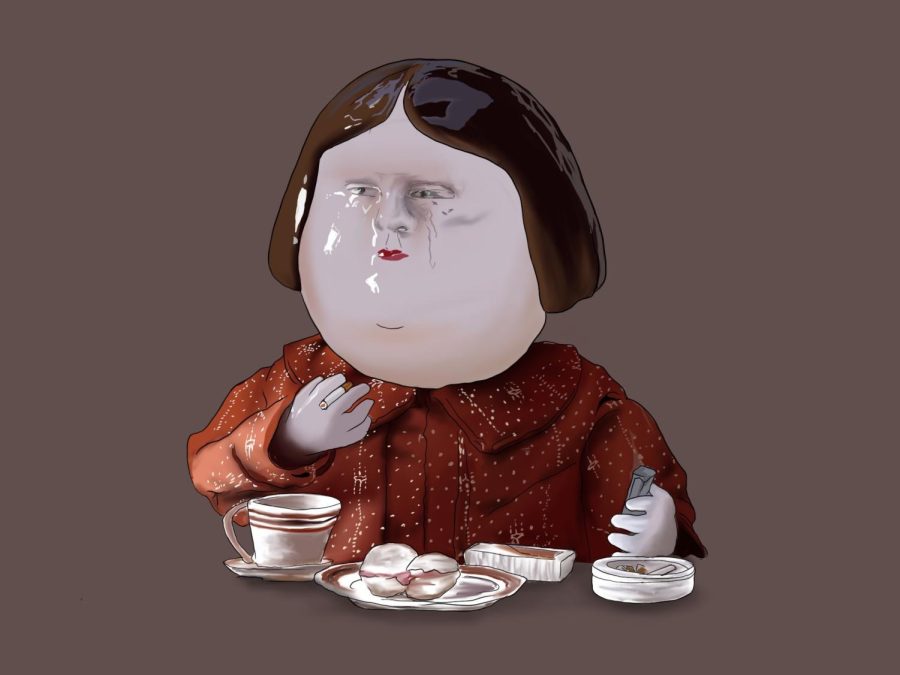 An illustration of Ingrid, a porcelain doll and main character from the short film “Bestia.” She sits at a table smoking a cigarette and is wearing a red collared blouse. Below her is a teacup and other food items.
