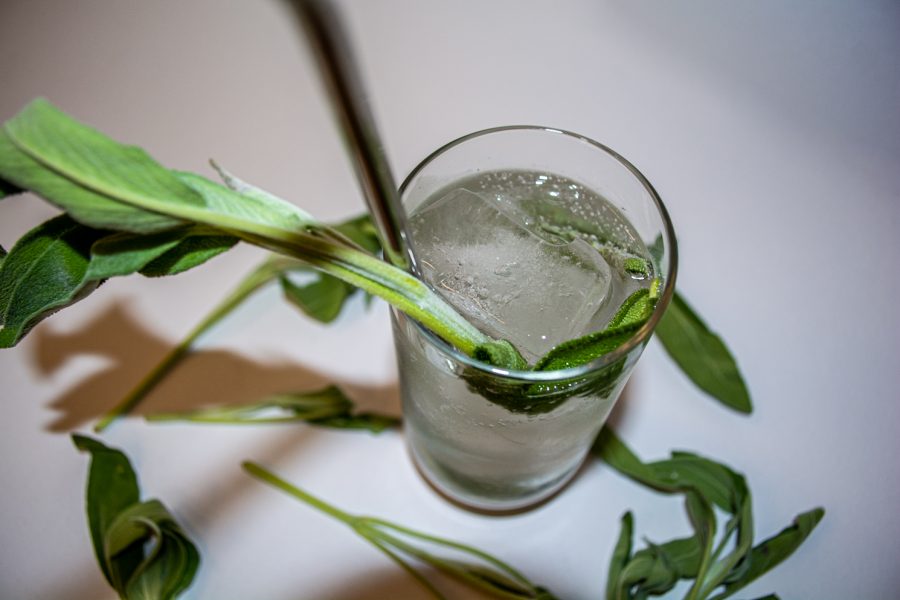 A glass of clear gin-based cocktail decorated with sage leaves and a metal straw against a white background shot from above.