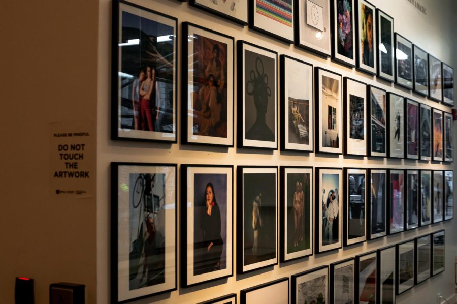 Two rows of 12 photos are displayed in the gallery in the lobby of the Tisch building.