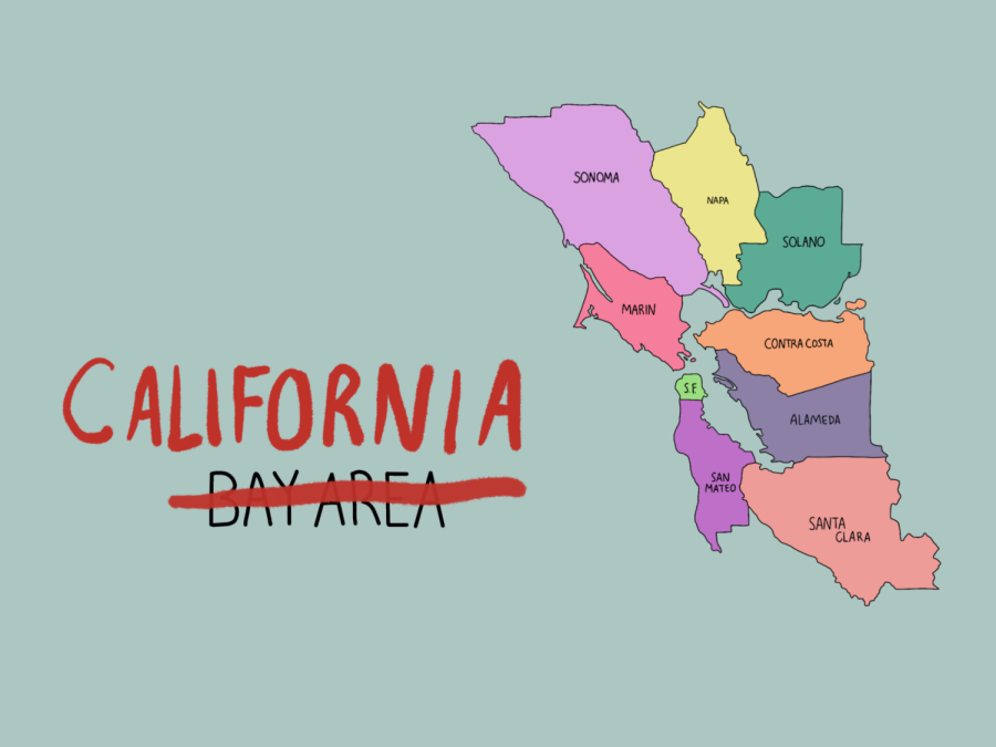 An illustration of the nine Northern California counties that make up the Bay Area, each in a different color. To the left, the word “California” is above the words “Bay Area,” which are crossed out in red.