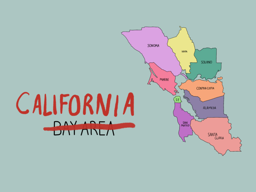 An+illustration+of+the+nine+Northern+California+counties+that+make+up+the+Bay+Area%2C+each+in+a+different+color.+To+the+left%2C+the+word+%E2%80%9CCalifornia%E2%80%9D+is+above+the+words+%E2%80%9CBay+Area%2C%E2%80%9D+which+are+crossed+out+in+red.