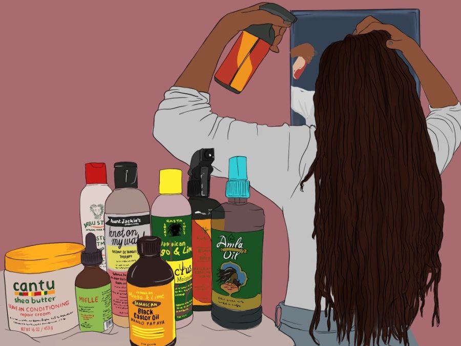 An+illustration+of+the+back+of+a+Black+girl%E2%80%99s+head+while+she+sprays+products+into+her+hair+in+front+of+a+mirror.+On+the+right+is+a+table+with+eight+assorted+hair+care+product+containers.