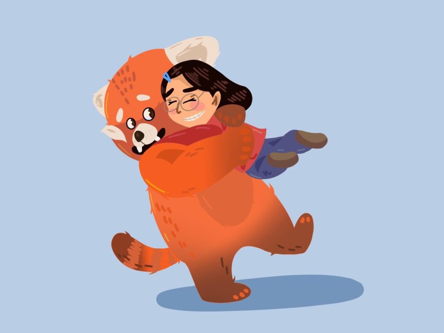 An illustration of two characters from Disney’s “Turning Red” hugging one another. On the left, Mei Lee as a Red Panda and on the right Mei Lee as a human.
