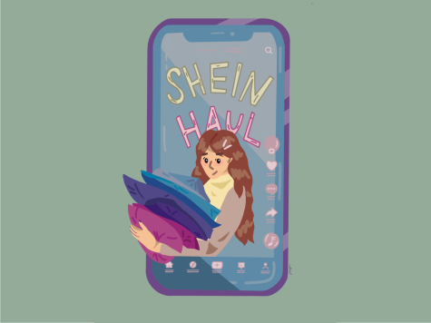 An illustration of a cell phone showcasing on the screen a Tik Tok app video, with a sign that reads “Shein Haul”. Under this, a girl with brown hair and a yellow sweater holding 5 plastic packages.