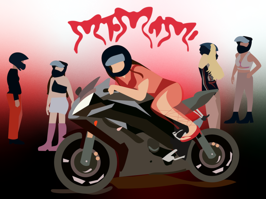 An illustration of a woman hunched over on a motorbike. She is wearing an all red outfit and a black helmet. Behind her, on either side of the bike, stand four other female figures.