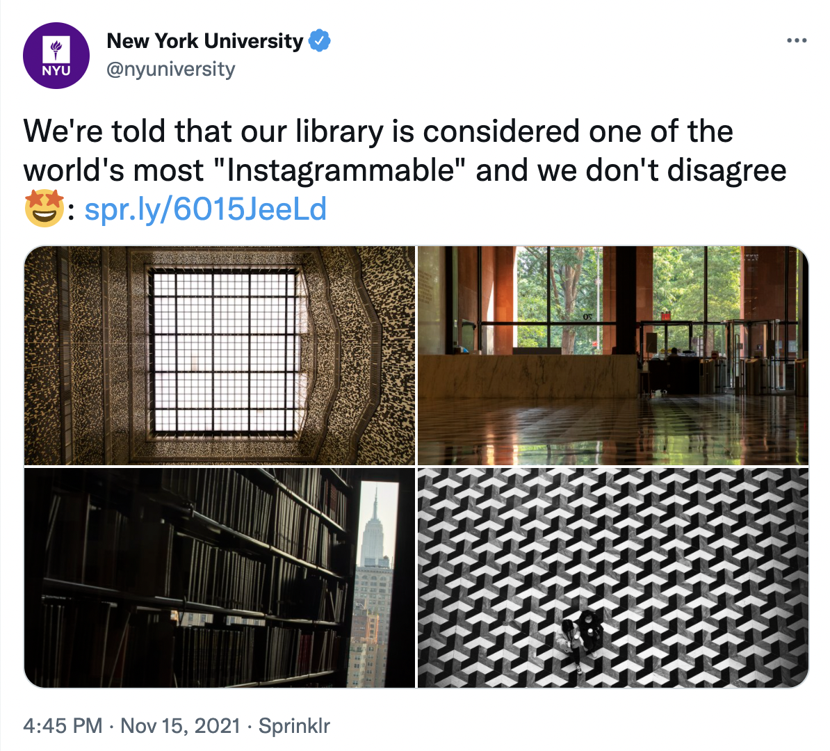 A screenshot of a tweet from NYU. It reads: "We're told that our library is considered one of the world's most 'Instagrammable' and we don't disagree." Four pictures of the interior of Bobst Library are attached; the first shows the gold metallic screens in the atrium.