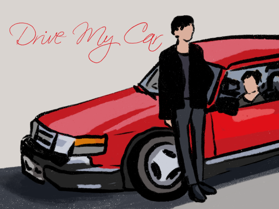 An illustration of a man leaning against a cherry-red car. A woman sits in the driver’s seat. On the top left of the illustration are the words “Drive My Car” in a red cursive font.