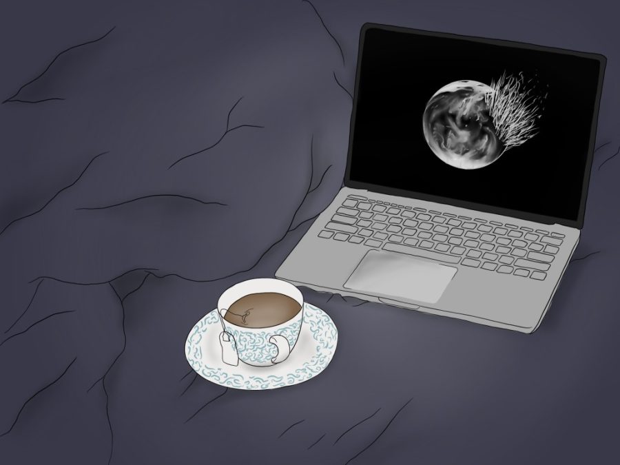 An illustration of a computer on a bed covered with a blue blanket. The computer’s screen displays a black-and-white illustration of a ball with some grass-like lines coming out of its right hand side. Next to the computer is a small teacup.