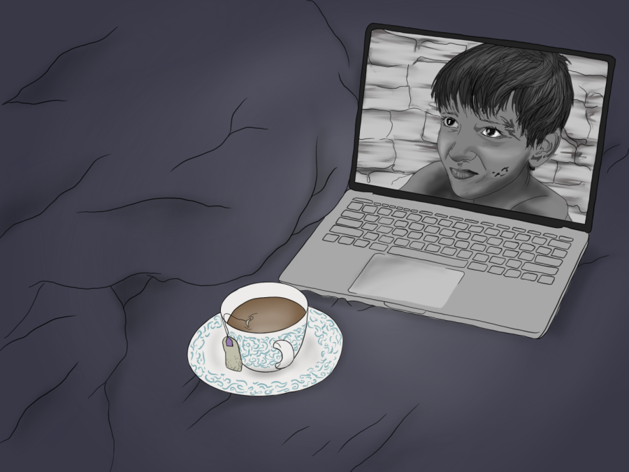 An illustration of a computer on a bed covered with a blue blanket. The computer’s screen displays a black-and-white illustration of Apu in the film “Pather Panchali.” Next to the computer is a small teacup.