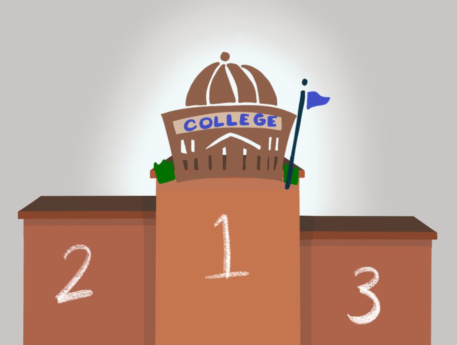 An illustration of a sports podium with a generic college building on the first place spot.