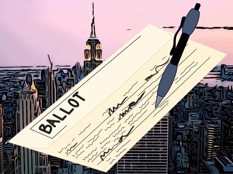 An illustration of a white voting ballot with a pen writing in black ink. Behind the ballot is the Empire State Building and the larger New York City skyline.