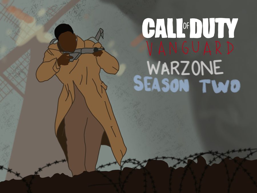 An illustration of a man holding a gun and wearing a khaki trench coat. Behind him there is a mill, and to the left there is text: “Call of Duty Vanguard Warzone Season Two.”