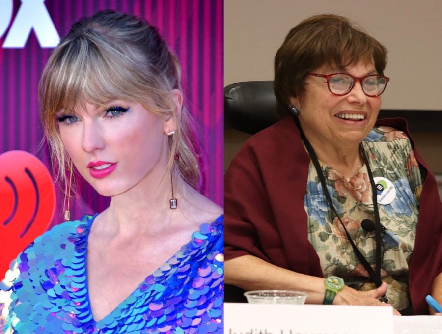 A headshot of Taylor Swift placed beside a photo of Judith Heumann.