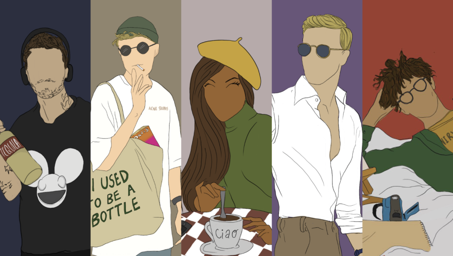 An illustration of five individuals. From left to right, a man with tattoos wearing a black graphic t-shirt, a man wearing an oversized white t-shirt and gray rounded sunglasses, a girl sitting at a cafe table, a man with a white button down shirt and khaki pants, and a man reclined on a white bed sheet.