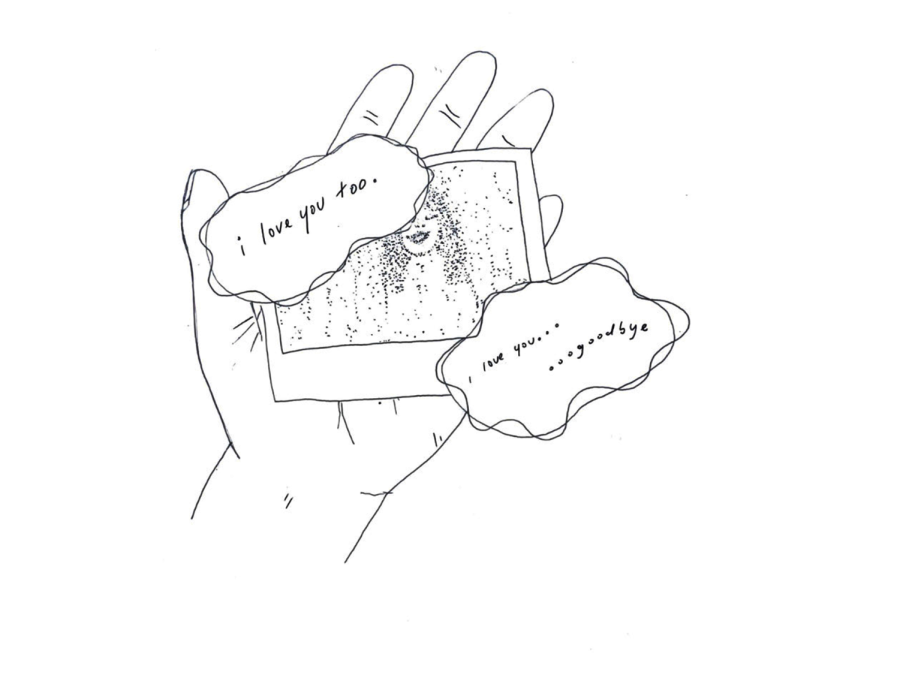 A line-art illustration of a hand holding a Polaroid of a long-haired figure. One bubble contains the words “i love you too,” and another contains “i love you… …goodbye”.