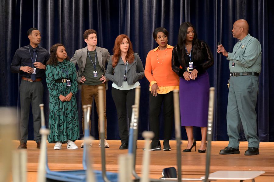 A still from the ABC sitcom “Abbott Elementary.” Pictured are actors Tyler James Williams, Quinta Brunson, Chris Perfetti, Lisa Ann Walter, Sheryl Lee Ralph, Janelle James, William Stanford Davis.