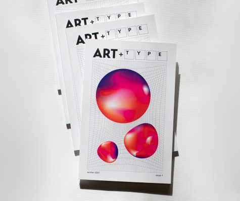 A pile of white zines with the words “Art + Type” across the top. On the cover are red and purple bubbles on top of a warped graph.