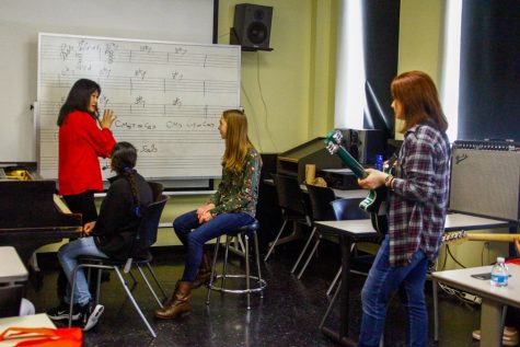 A group of music students faces a whiteboard where a professor lectures. On the whiteboard, there are musical staffs featuring key signatures. On the left side, a student is seated at a piano. In the middle, a student is seated on a stool. On the right, a student stands with a guitar in hand.