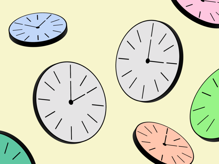 An+illustration+of+seven+clocks+against+a+pale+yellow+background.+Each+clock+is+set+to+a+different+time.