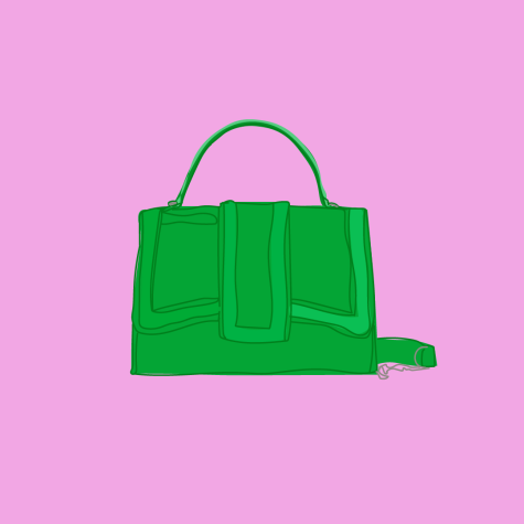 An illustration of a grass-green top-handle mini purse against a bubblegum pink background.