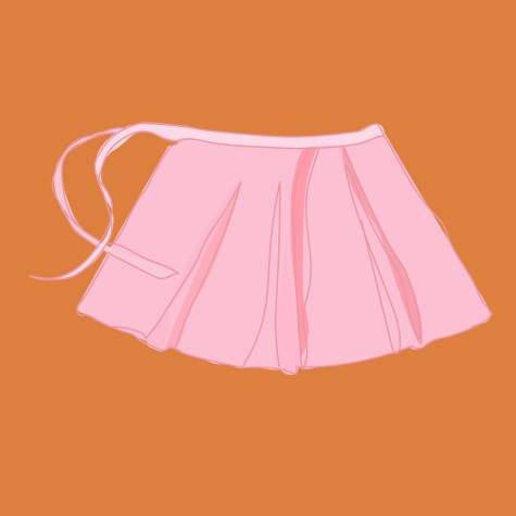 An illustration of a pink ballet wrap skirt against a burnt orange background.