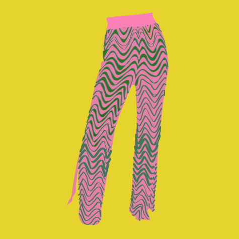 An illustration of ’70s-inspired flared pants against a yellow background. The pants are pink with a lime-green wave pattern.