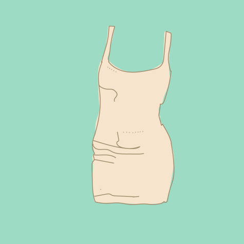 An illustration of a cream knit bodycon dress against a teal background.