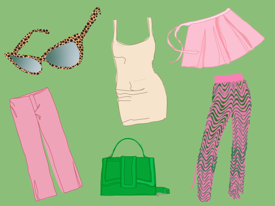 An illustration of six clothing items against a green background. Items include a pair of pink pants, a green purse, cheetah-print sunglasses, a ballet wrap skirt, ’70s-inspired flared pants and a cream knit bodycon dress.