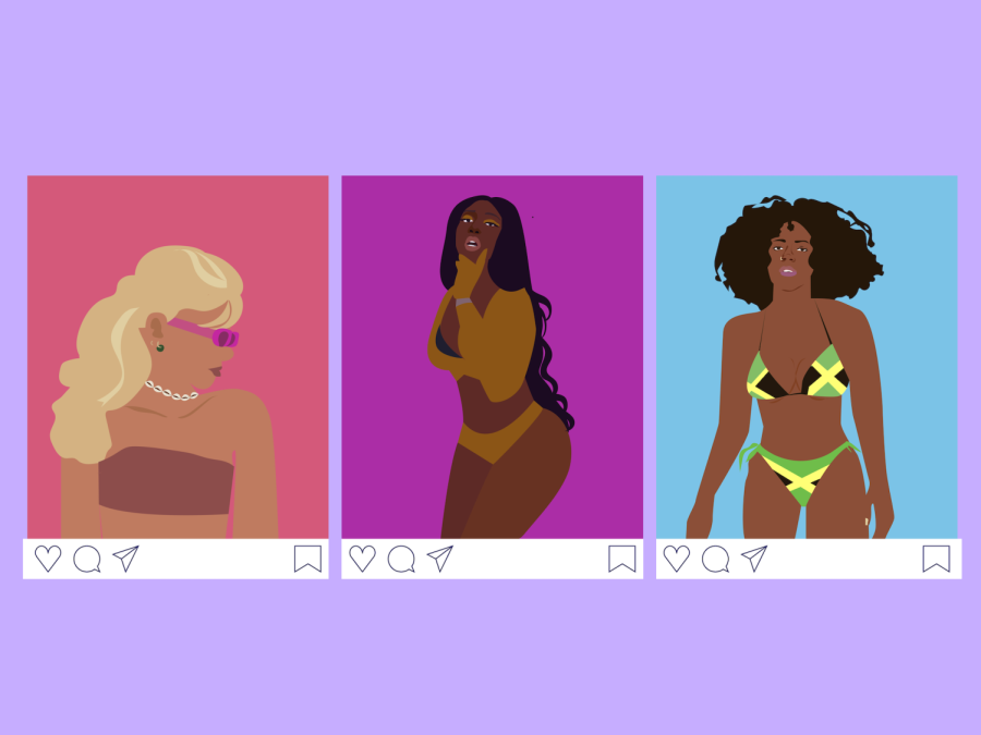 An+illustration+with+a+purple+background%2C+featuring+three+Instagram+posts+with+two+women+in+swimsuits%2C+and+another+one+wearing+a+strapless+dress+and+pink+sunglasses.