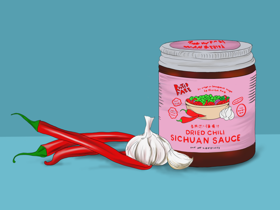 An illustration of a Rooted Fare Dried Chili Sichuan Sauce jar with red chilis and garlic bulbs laying next to it.