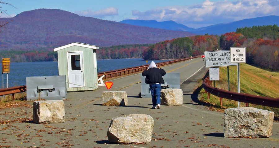 Ashokan Reservoir. There is a long road; to the right there is green pasture and to the left there is a lake that extends until multiple trees together form a small forest at the end.