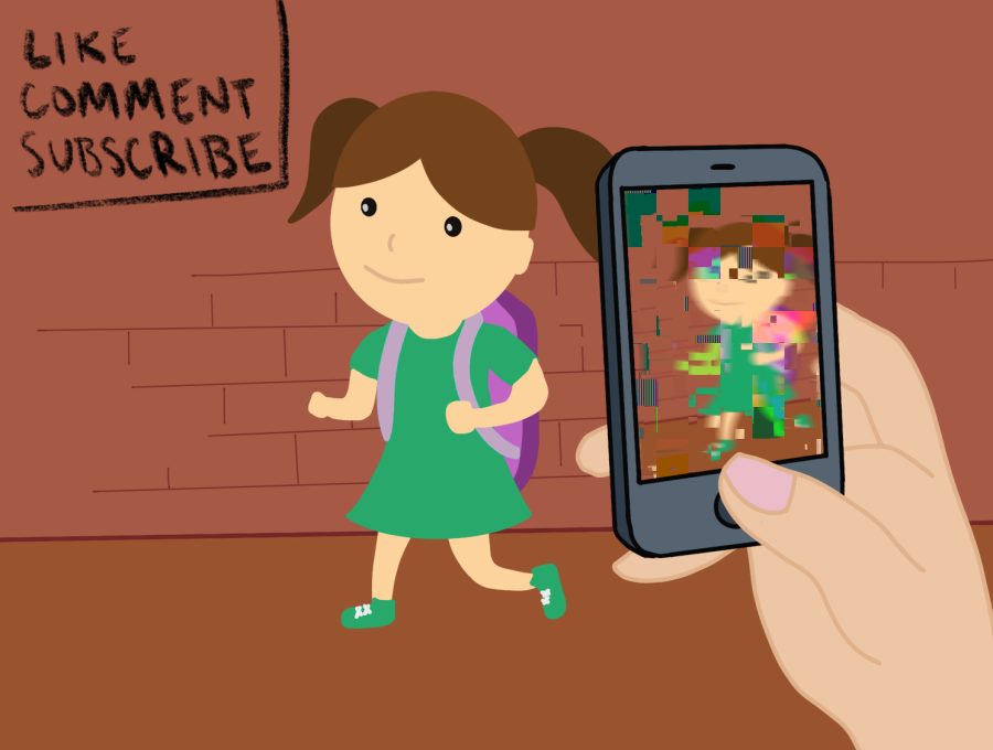 A child wearing a green dress and shoes with a purple backpack is walking next to a red brick wall on a brown floor while a hand with pink nails holds a gray cell phone camera that records the childs walk. On the cell phone is a distorted and glitchy image of the child walking. The text Like, Comment, Subscribe appears chalked on the top right corner of the wall.