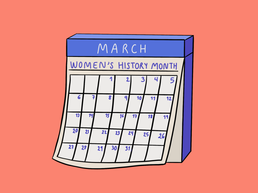 An illustration with a coral background of a calendar opened to a page of the month of March. Under the months name, it reads “Women’s History Month” in blue letters.