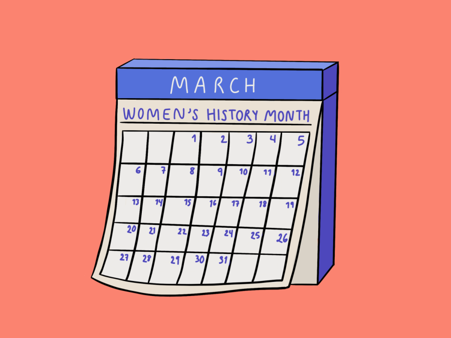 An illustration with a coral background of a calendar opened to a page of the month of March. Under the month's name, it reads “Women’s History Month” in blue letters.