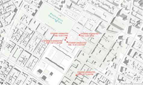 A map in gray and pale green with red squares and text indicating where and when NYU students were assaulted at five locations to the east of NYU's Washington Square campus.