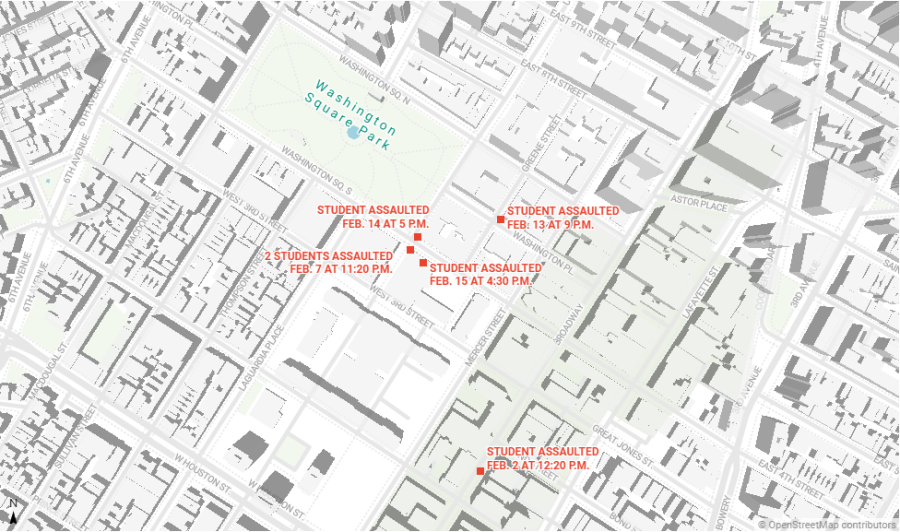 A map in gray and pale green with red squares and text indicating where and when NYU students were assaulted at five locations to the east of NYUs Washington Square campus.