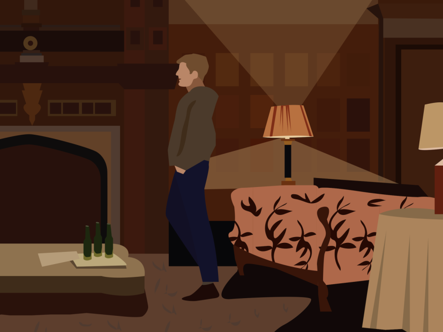 An illustration of a man standing in a dimly lit, well-furnished living room. On the left is a coffee table with three beer bottles resting on it. On the right, a pink floral couch faces the table.