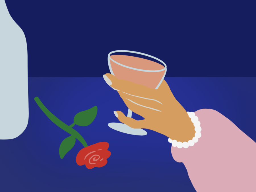 An illustration of a hand holding a martini glass filled with an orange liquid. The arm is wrapped in a pink sleeve with a pearl detail around the wrist. Next to the arm in a red rose and an empty vase.