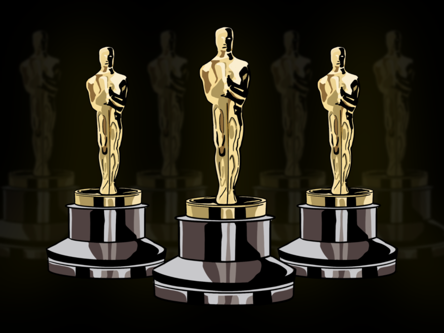 An illustration of three Oscar awards, with one placed further in front of the other two to create a triangle.