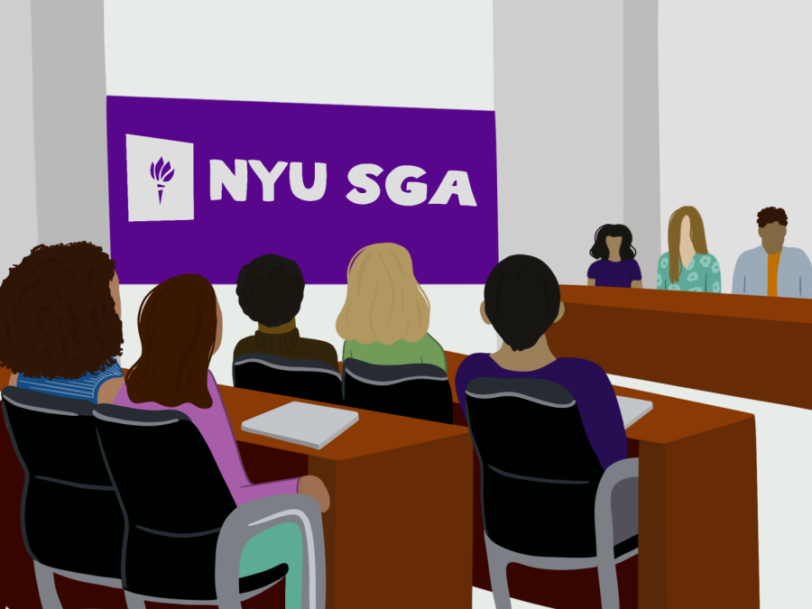 An illustration of students sitting in a colloquium room for a student government meeting. On the left, a purple banner with the NYU torch logo hangs on the wall and reads “‘NYU SGA.”
