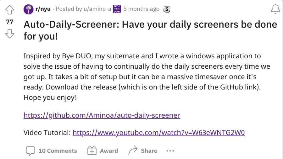 A screenshot of a Reddit post by the creators of the Auto Daily Screener application announcing that it was available.