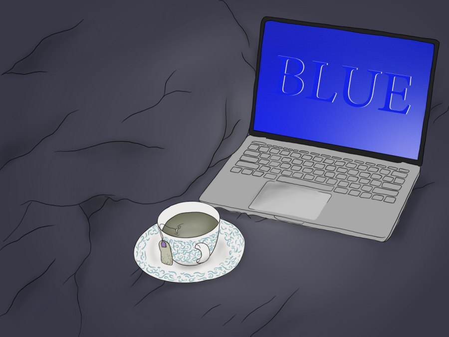 An illustration of a computer on a bed covered with a blue blanket. The computer’s screen displays a blue screen. Next to the computer is a small teacup.