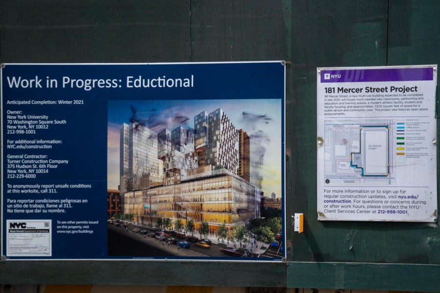 A blue construction poster that reads “Work in Progress: Educational” with a photo of a blueprint is on a green wall. Next to it is a white and purple poster titled “181 Mercer Street Project” showcasing information about the construction project.