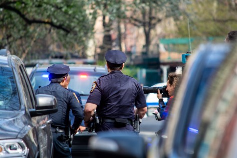 Two uniformed police officers stand next to each other between two rows of cars.