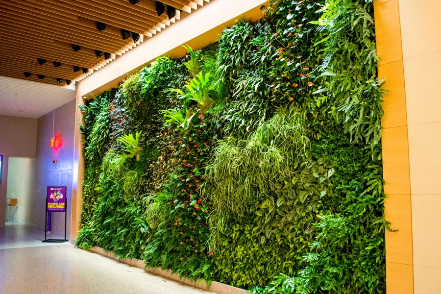 An+eco-friendly+wall+covered+in+green+plants+and+pink+flowers+framed+by+brown+and+yellow+roofing+and+walls.